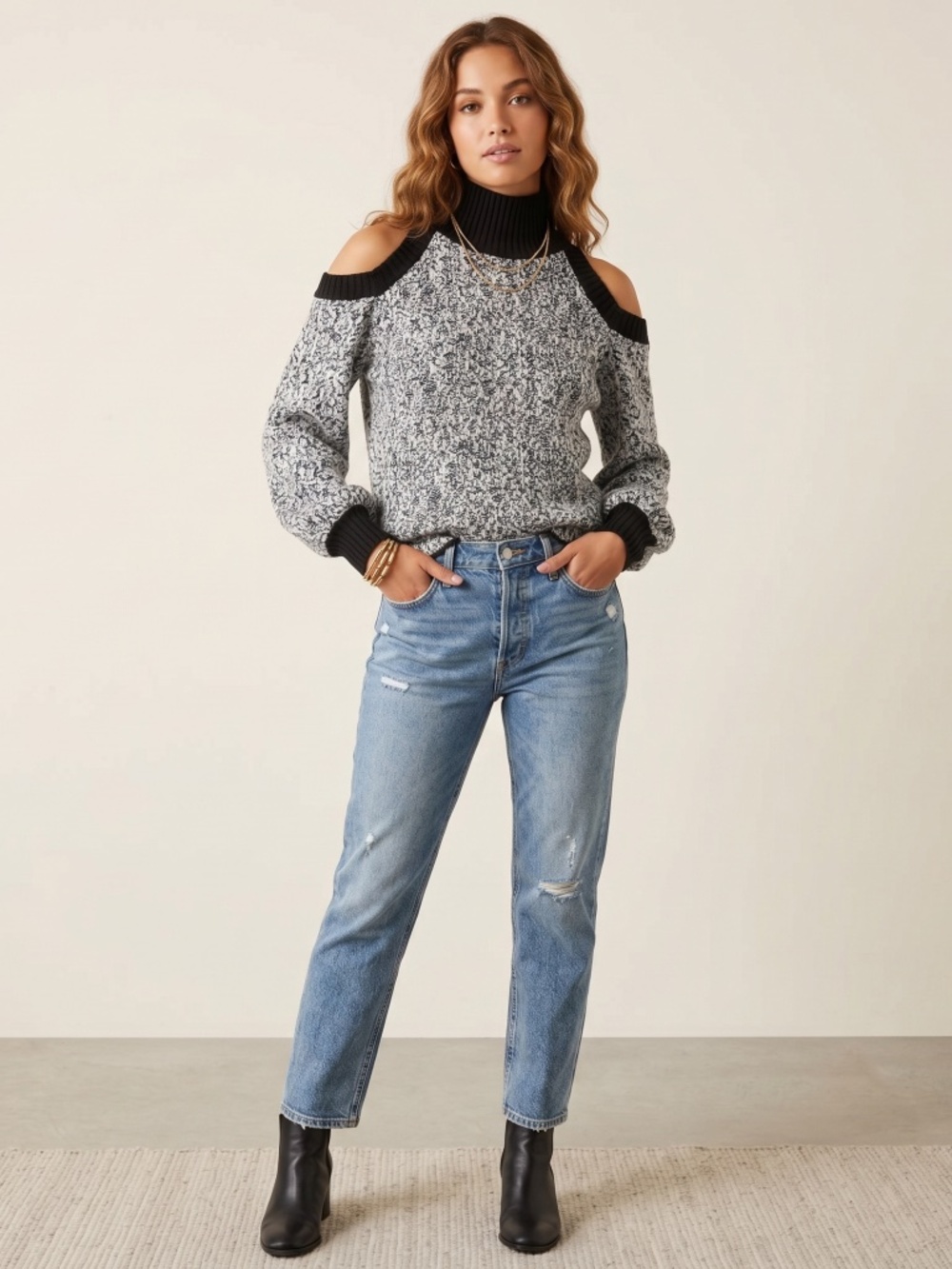POL open shoulder cold shoulder Women's Black and White Sweater small